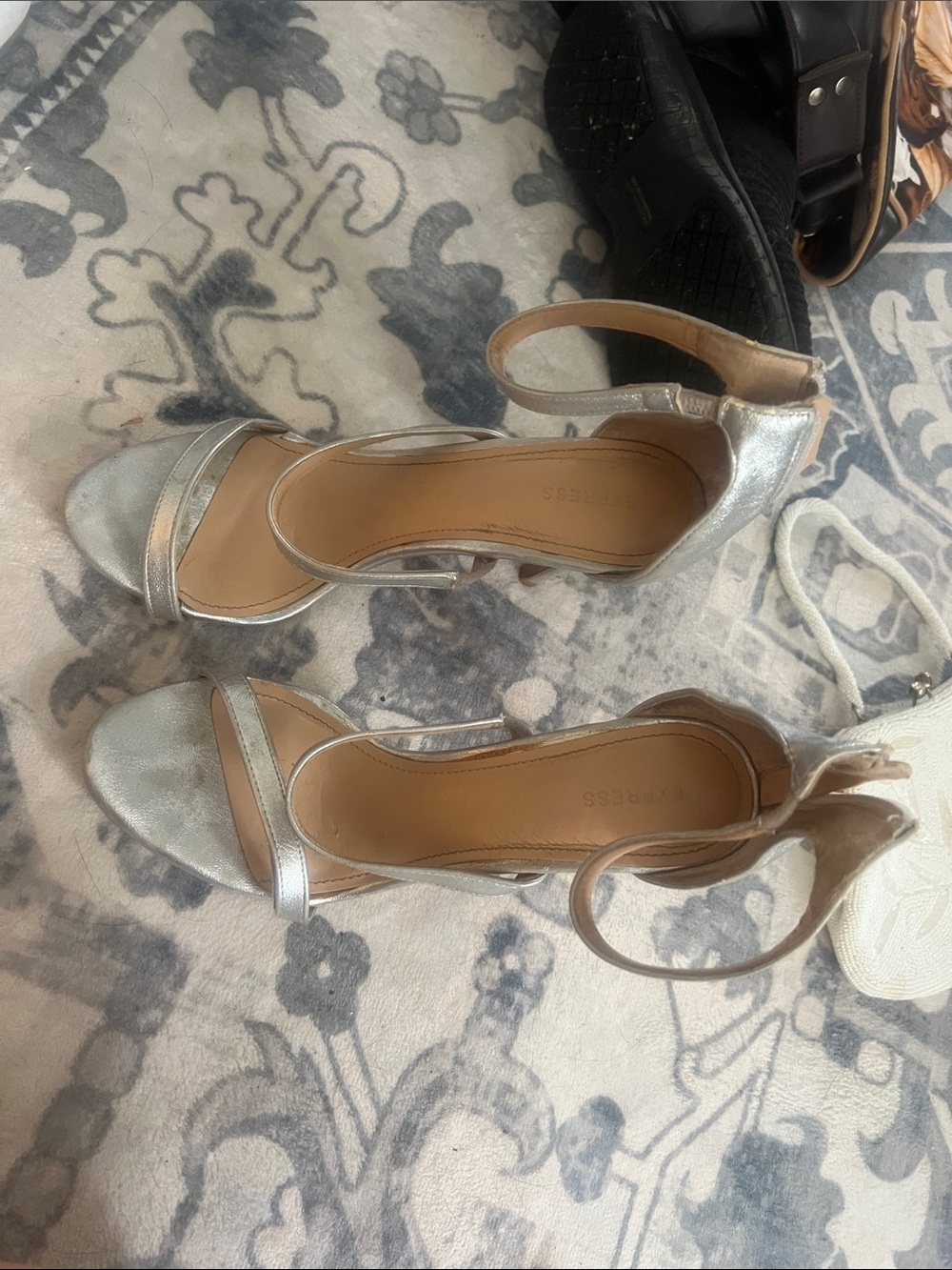 Express Silver Ankle-Strap Block Heel Sandals